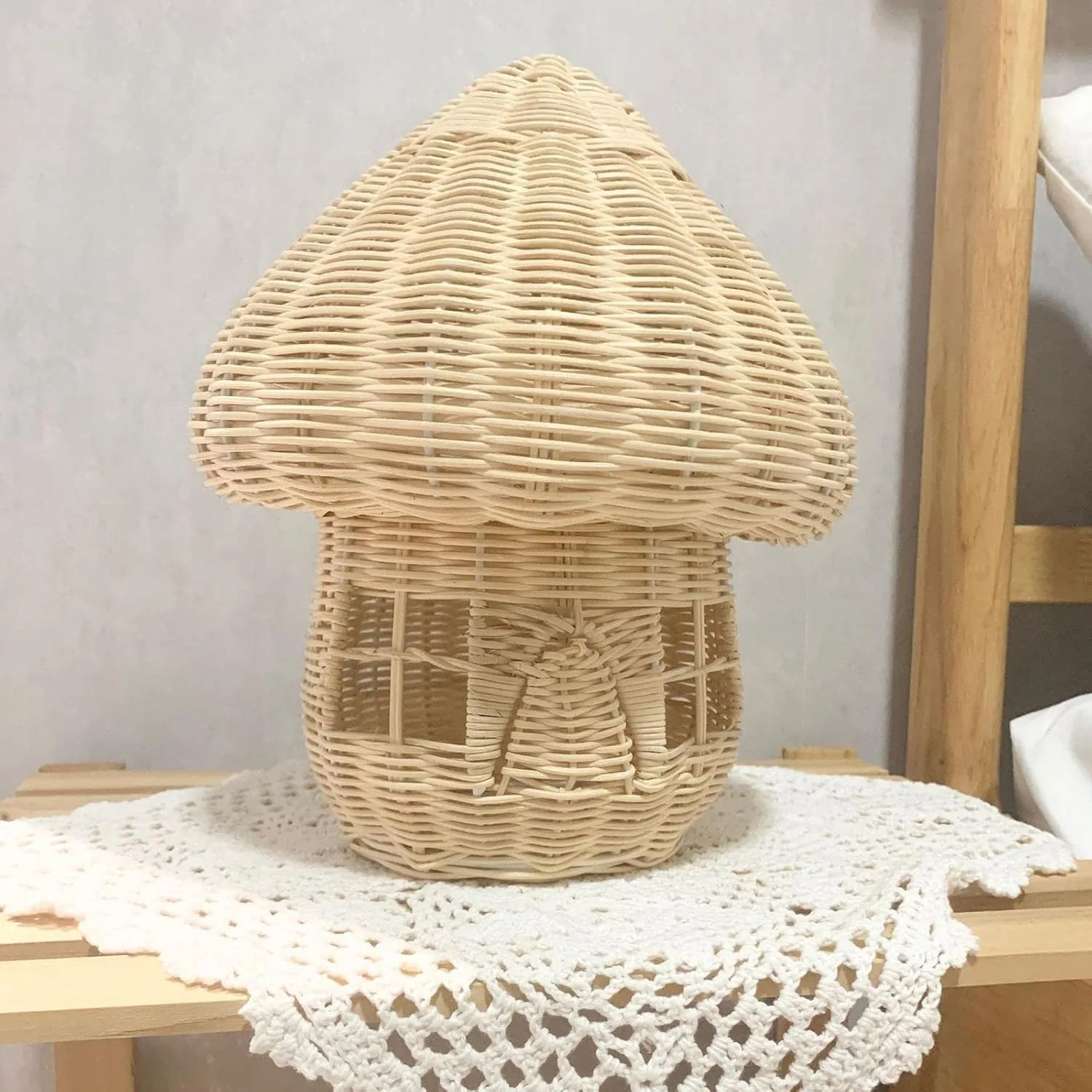 Handwoven White Rattan Mushroom House Home Decor Wicker Storage Kid Toys Vintage Table Lampshade Vietnam Manufacturer