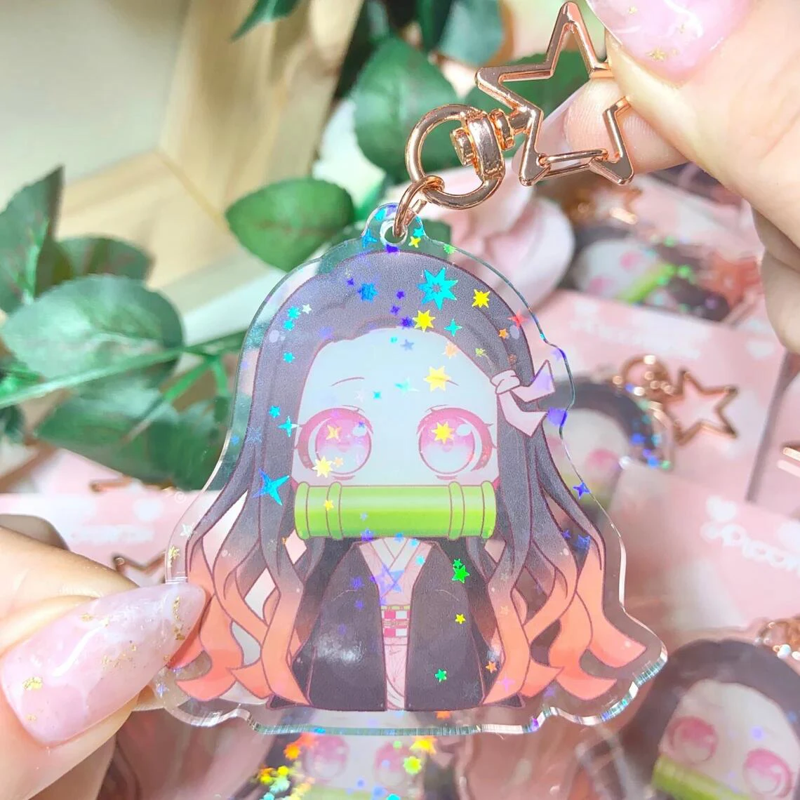 Laser logo clear printed charm custom acrylic holographic finish keychain