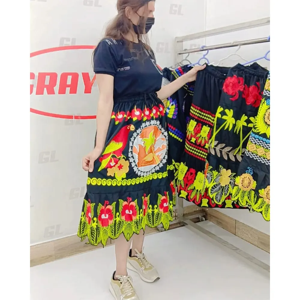 Customized Size And Color Floral embroidery black color casual fashion cotton long skirt for women