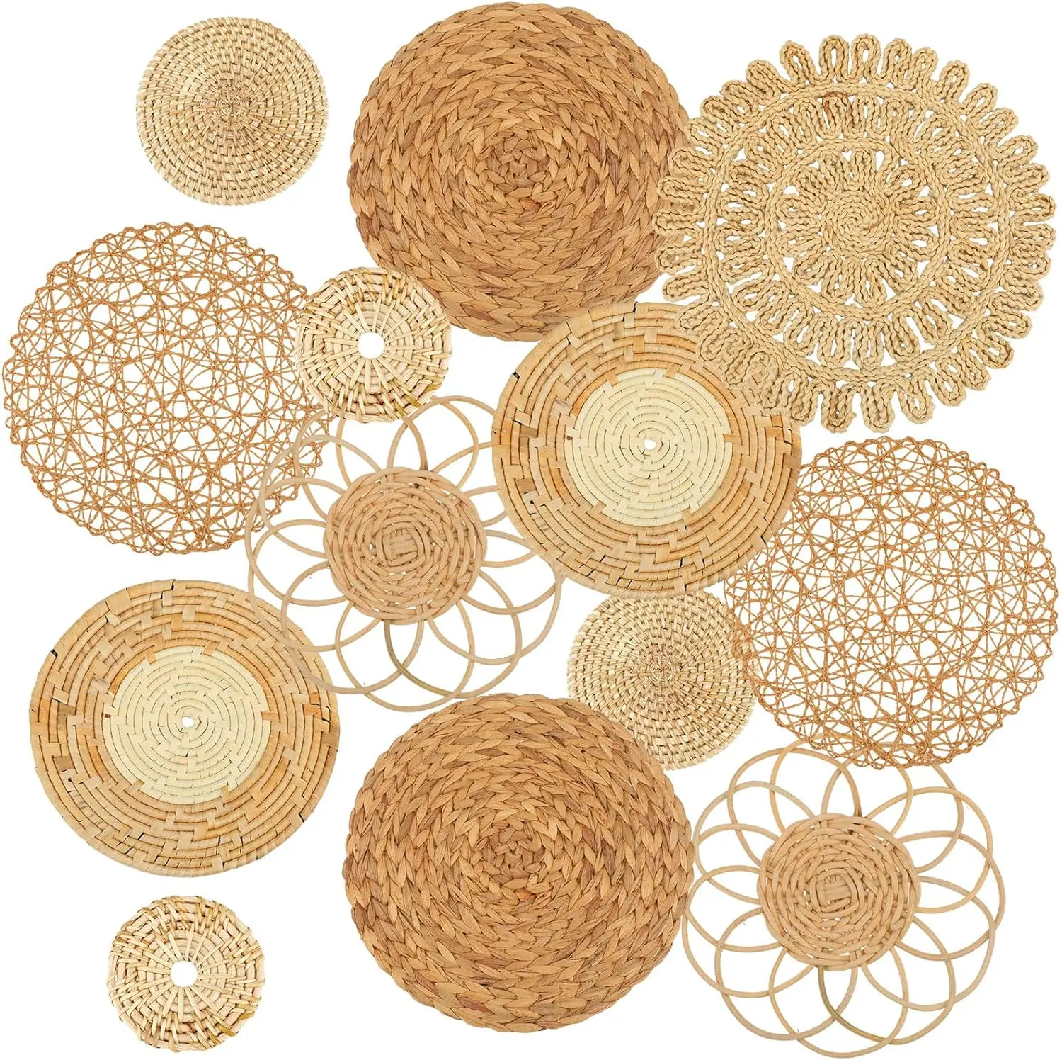 Set of 13 Boho Wall Basket Decor | Woven Rattan Bamboo Seagrass Wall Baskets Decor for Bedroom Living Room Dining Room Office