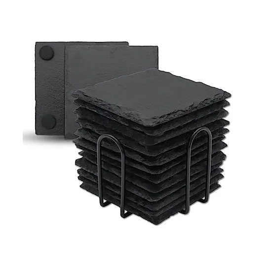 Wholesale Black Non-Slip  Drink Slate Stone Bulk Coasters 4 Pcs Set With Metal Stand Blank Kitchen Accessories