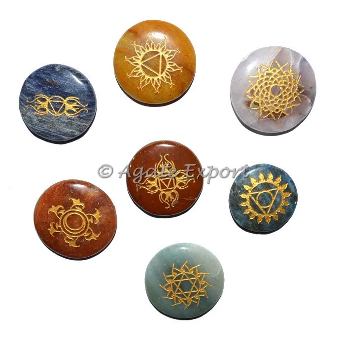 Chakra Stone Set with 7 Chakra Stones and Symbols - Pyramid, Oval, Worry | Crystal Chakra Set, Spiritual Gift (Healing Stones)