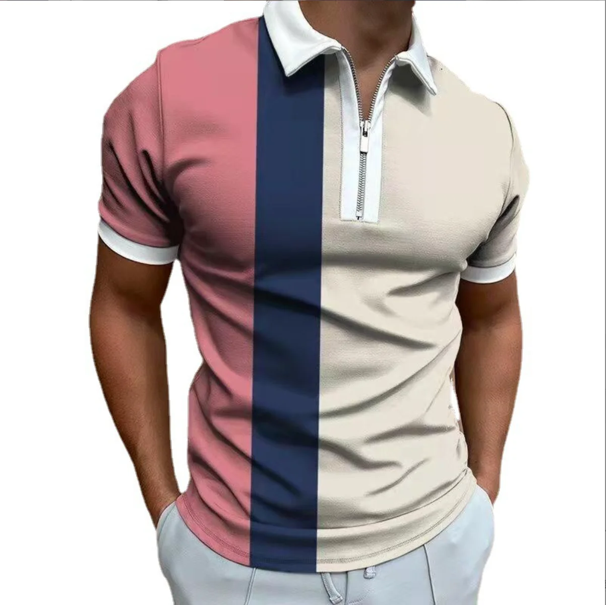 Men Zipped Polo Shirts Plaid Short Sleeve Tee Golf Tennis T-Shirt Casual Lapel Tops