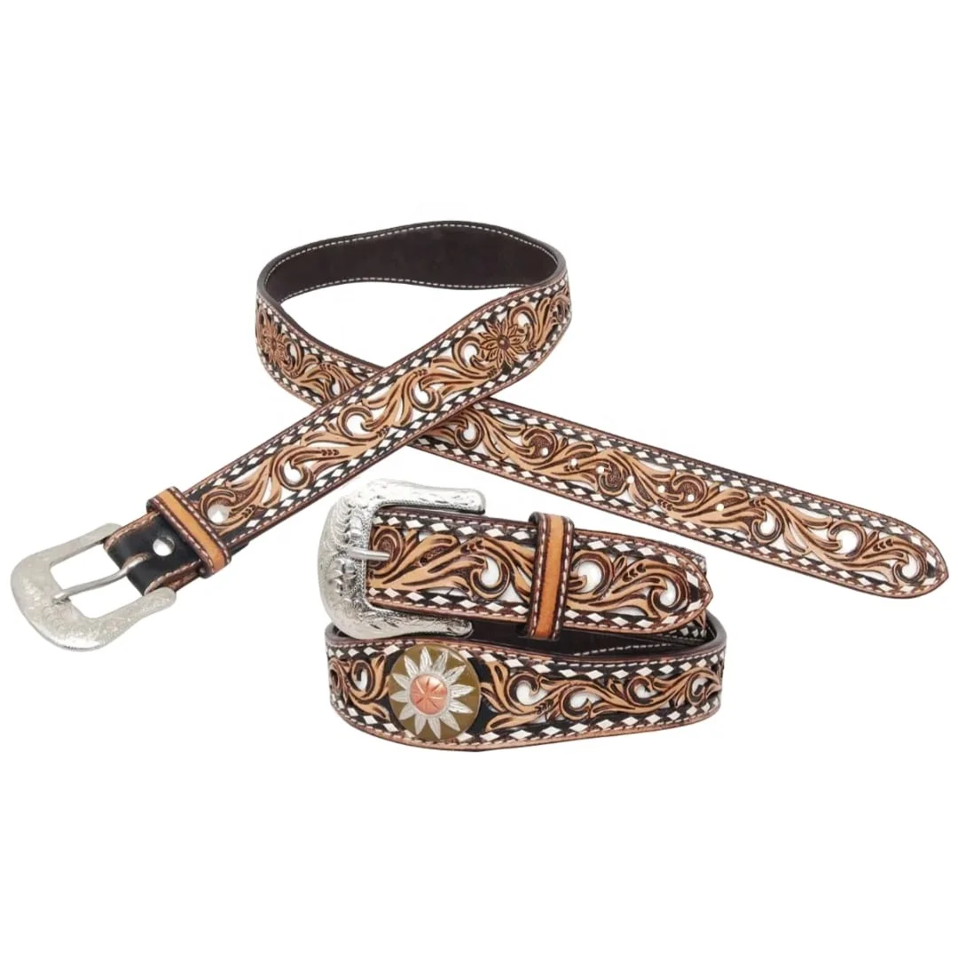 Hand Tooled Western Belt With Buck Stitching & Best Quality Leather Top Wholesale Manufacturer For Men & Women