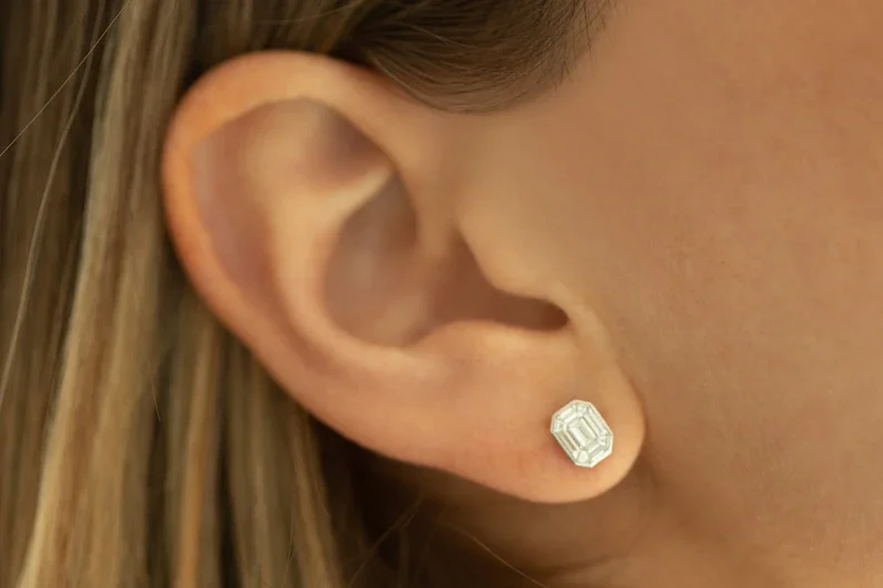 Latest 2023 Diamond Earrings 14k F Color VVS Clarity 1.00 Ctw Each Look Emerald Cut Illusion Setting Step Cut Stud Earrings