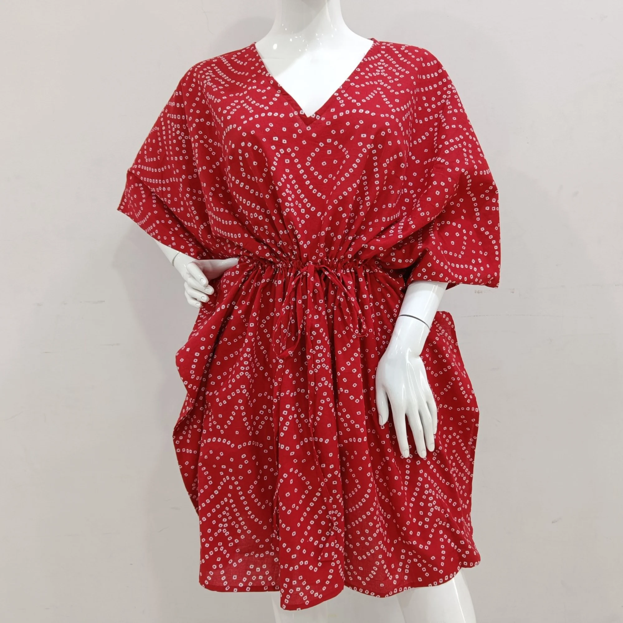 Stylish Soft Cotton Bandhani Pattern Free Size Hand Block Print Kaftan Dress For Casual Wear-Party wear