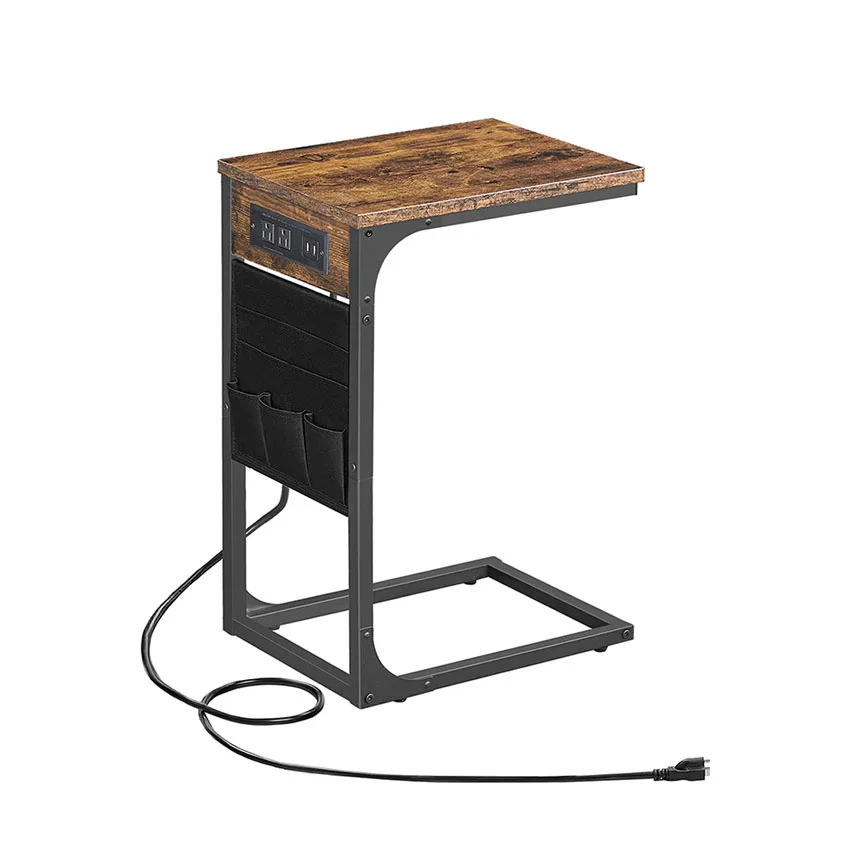 Industrial Rustic Retro Wood Couch Snack C Shaped Bed End Side Table with Charging Station and USB Ports