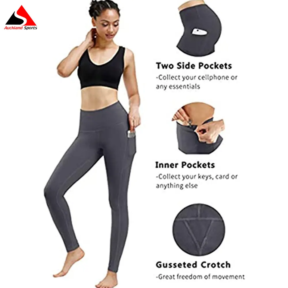 Wholesale High Waist Yoga Pocket Yoga Pants Tummy Control Workout Running 4 Way Stretch Yoga Breathable Leggings