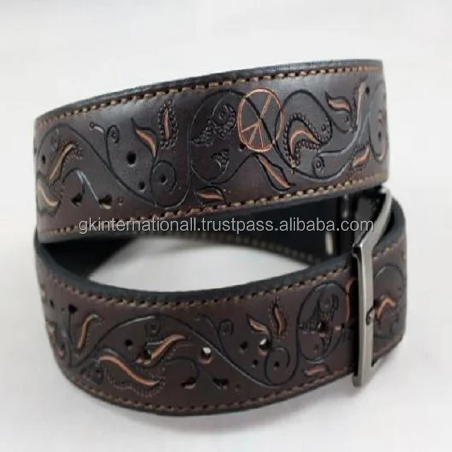 Durable strong stitched custom made western leather hand tooling belt 3D floral design embossed tooling belt for cowboy