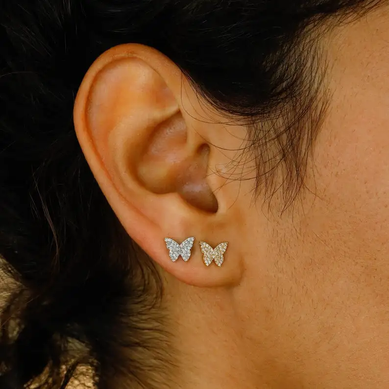 Handmade Classic Design Trendy 18k Solid Gold Genuine 100% Natural Diamond Pave Butterfly Stud Earrings For Her at Low Prices