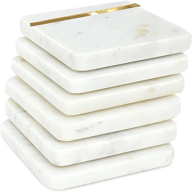 Wholesale High Quality Marble Coaster Set of 4 white Marble Coaster Set Round Natural Coasters with Gold Edges