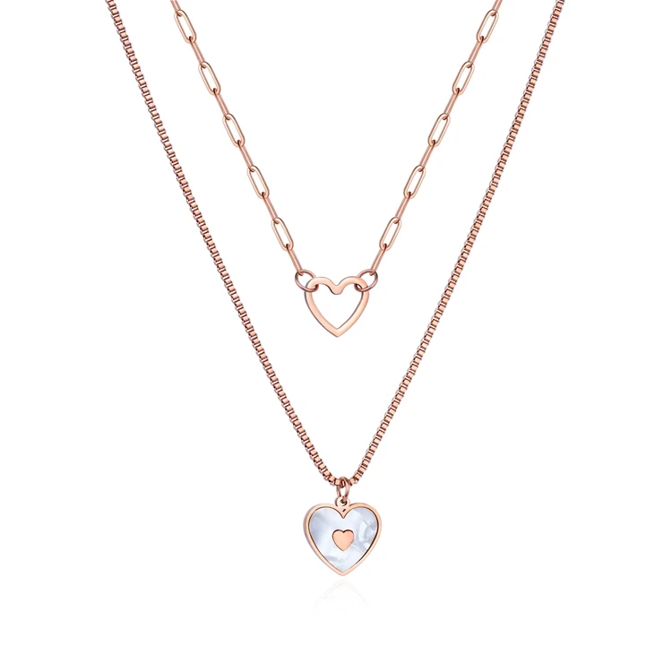 18K Rose Gold Plated Double Layer Heart Necklace Stainless Steel Hollow Heart Pendant Necklace Pearl Heart Necklace For Women