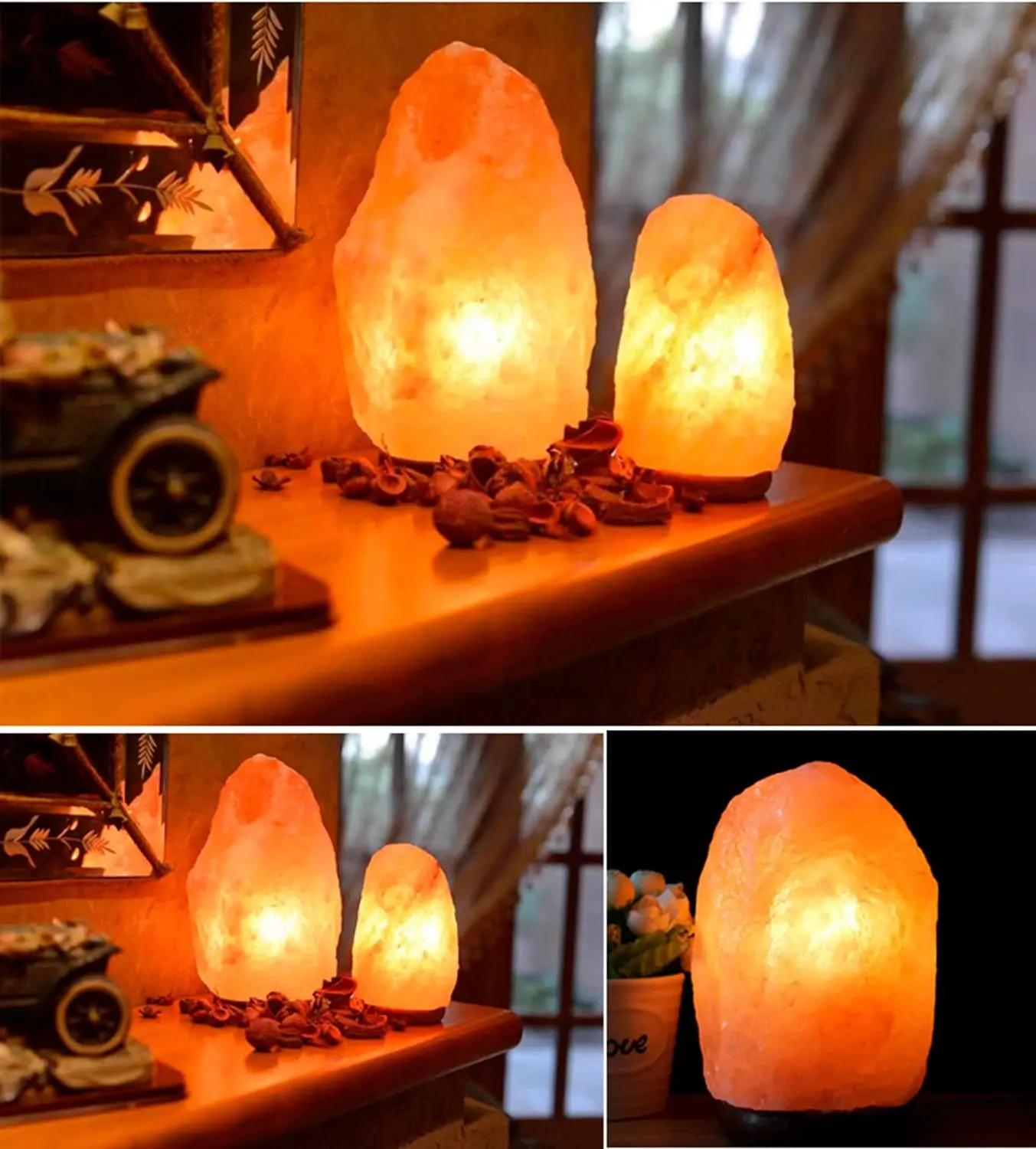 High Quality Salt Lamp Wooden Base Bedside Table Lamps Romantic Hand Crafted Crystal Mood Light