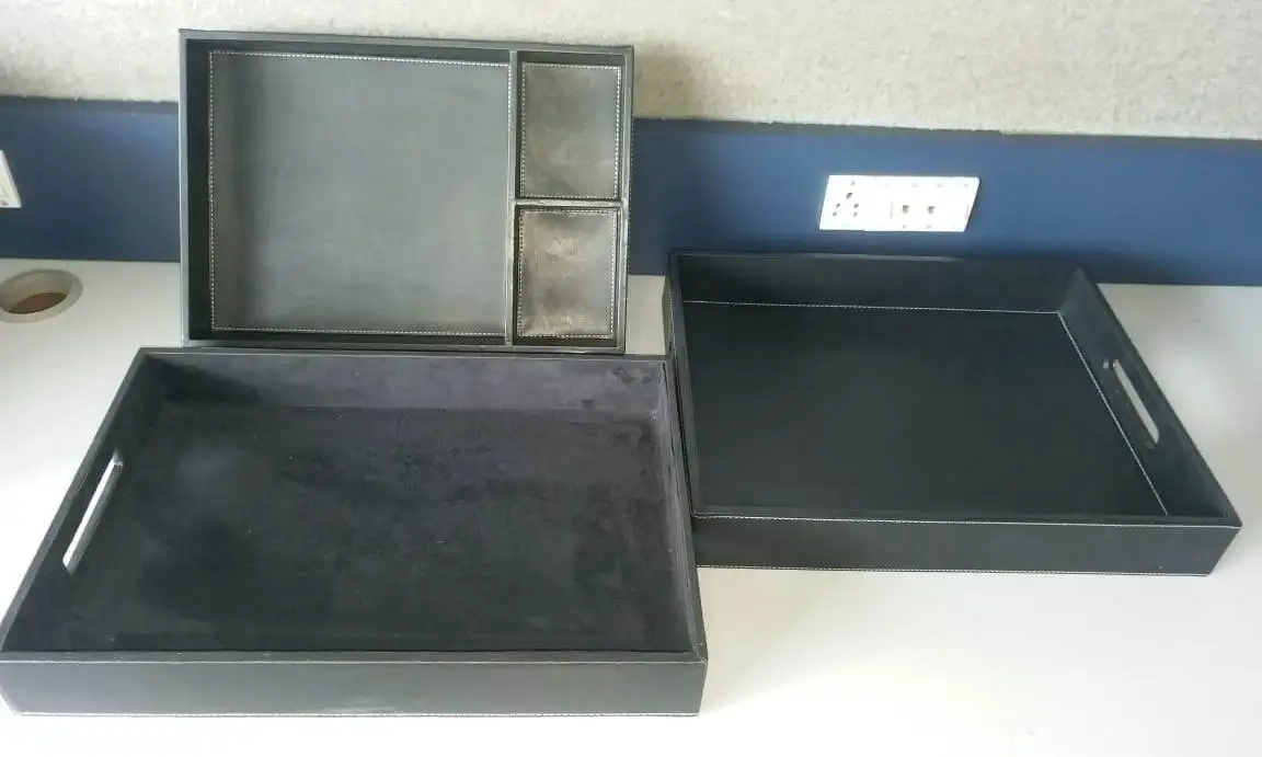 Leather and Bamboo Cut Handle Serving Tray Hospitality Products for Tissue Box Menu Folders Bill Folder Leather Bins