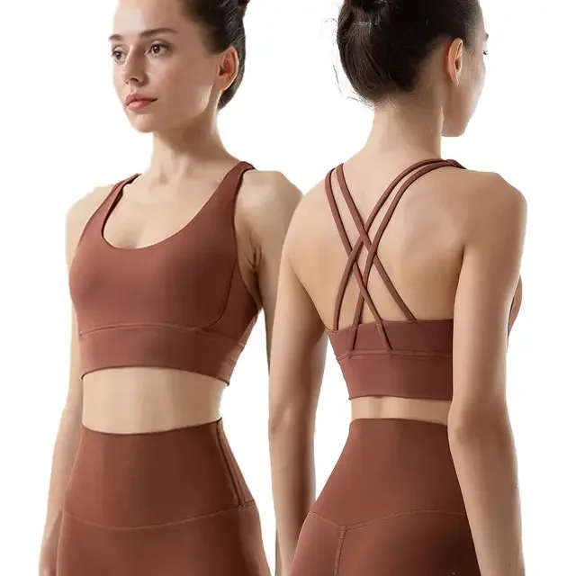 Nylon Spandex Breathable Cross Back Sports Bra Fitness Running Women Bras Wear Gym Solid Tank Tops Athletic Push Up Yoga Bras
