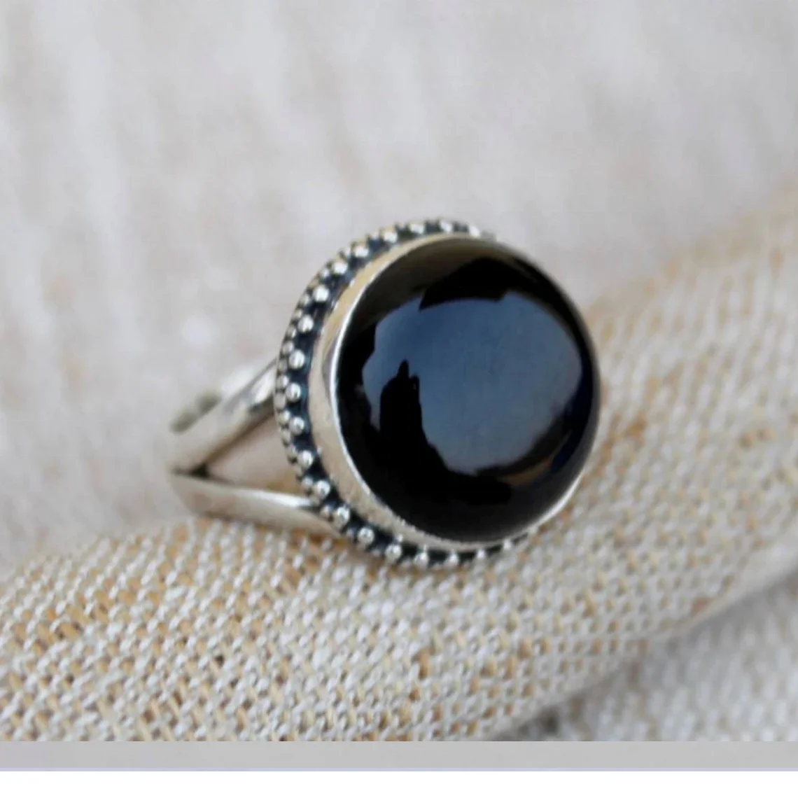 925 Sterling Silver Handmade Round Cabochon Ring Black Onyx Silver Jewellery Ring For Daily Wear