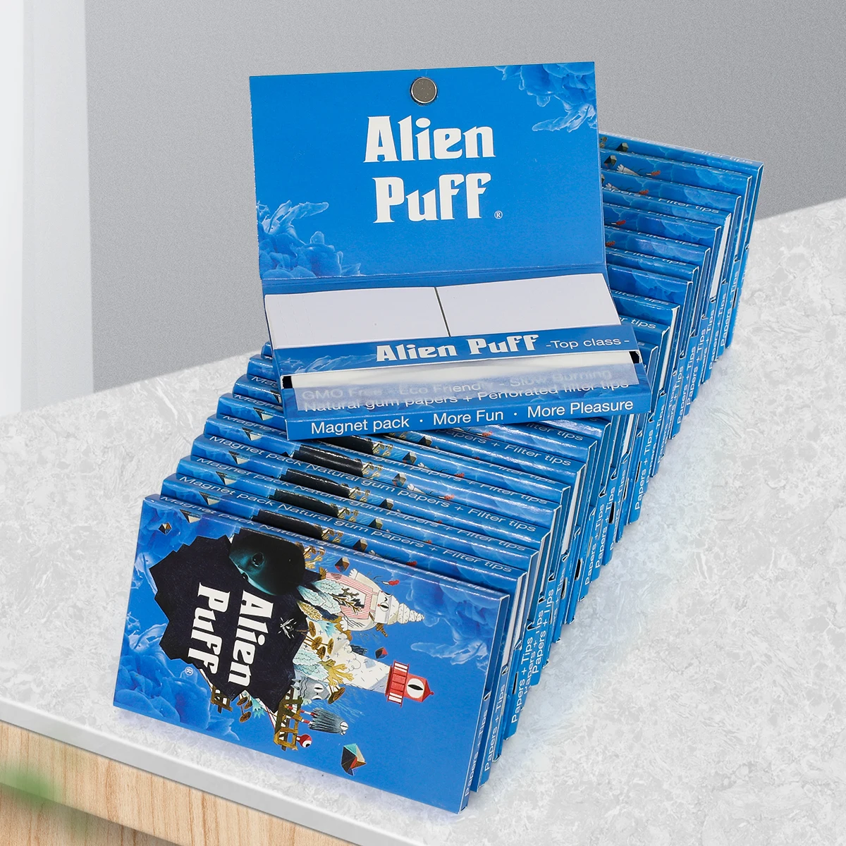 Alien Puff Smoking Rolling Paper 1 1/4 Size White Rice Paper with  Filter Tip Magnet Close  Wholesale Custom Logo Smoking Paper