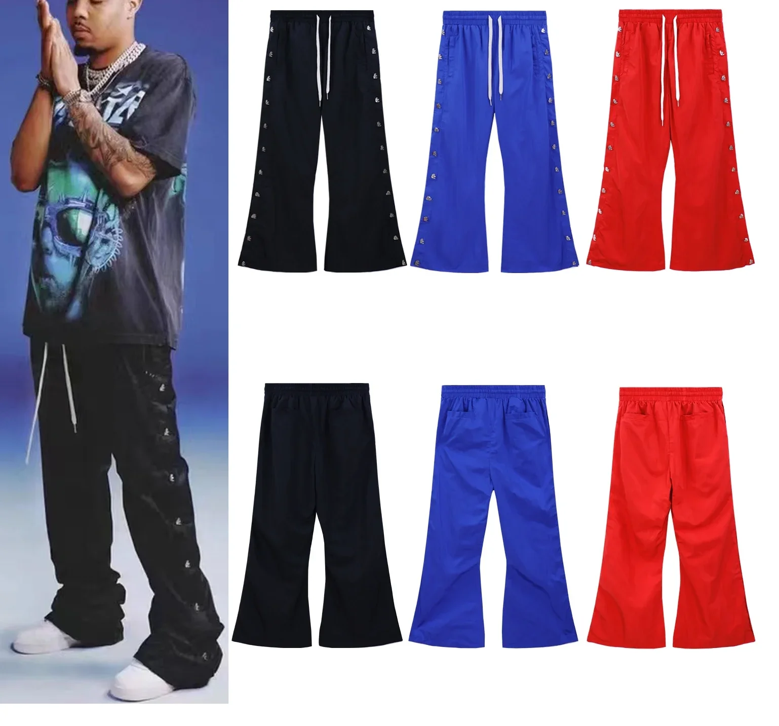 Winter Men Women Loose Buttons Windbreaker Pants Custom Screen Printed Baggy Waterproof Nylon Pants