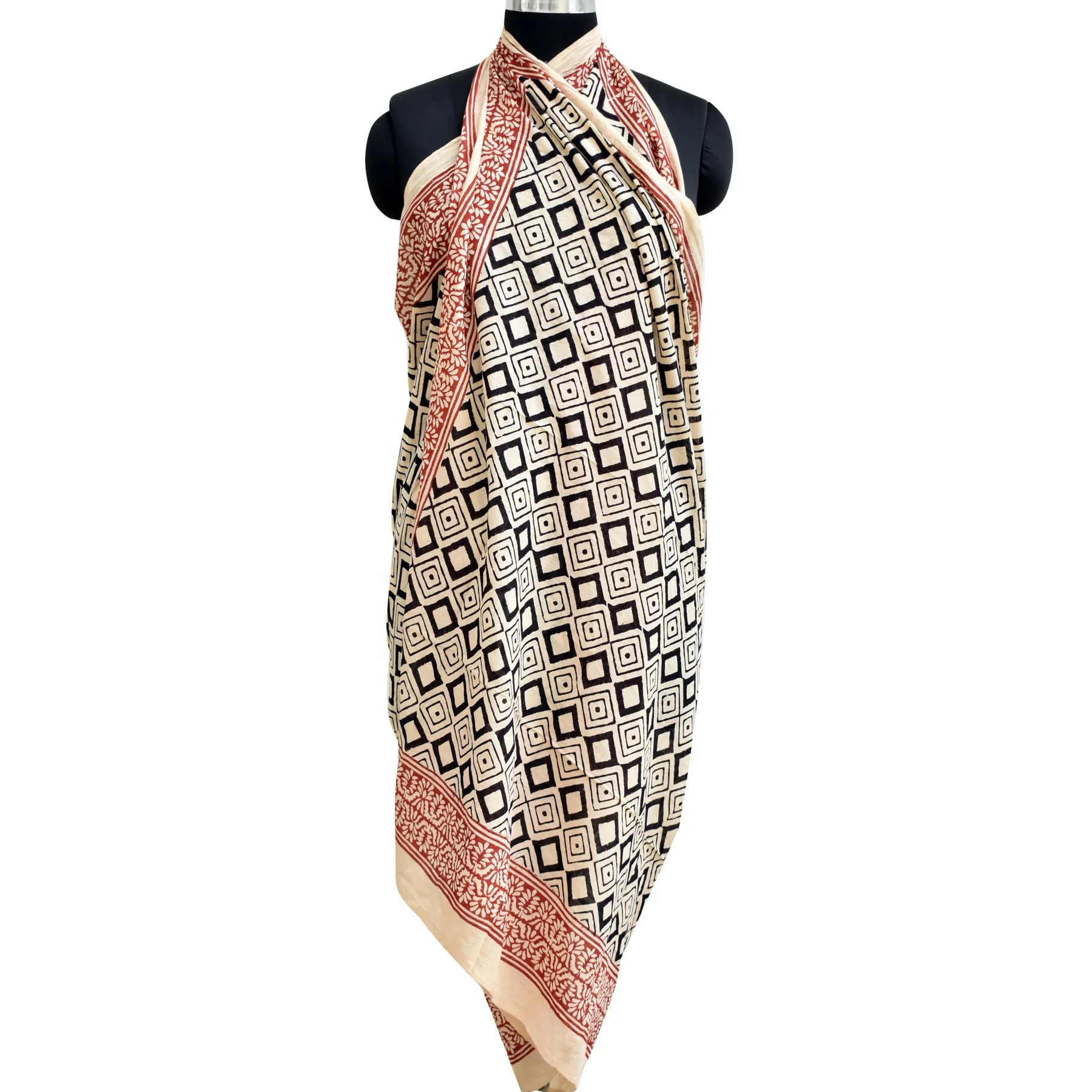 Fashion Long Large Cotton Sarong Sanganeri Block Printed Scarf Handmade Beach Cover Ups White Voile Scarves Pareo Wholesale