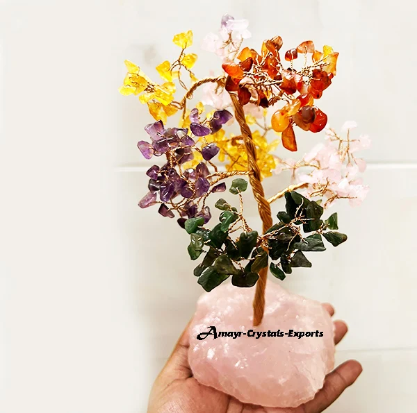 Handmade Gemstone Chakra Stone Trees With Rose Quartz Base Natural Agate trees for Gifts Buy From Amayra crystals Exports India
