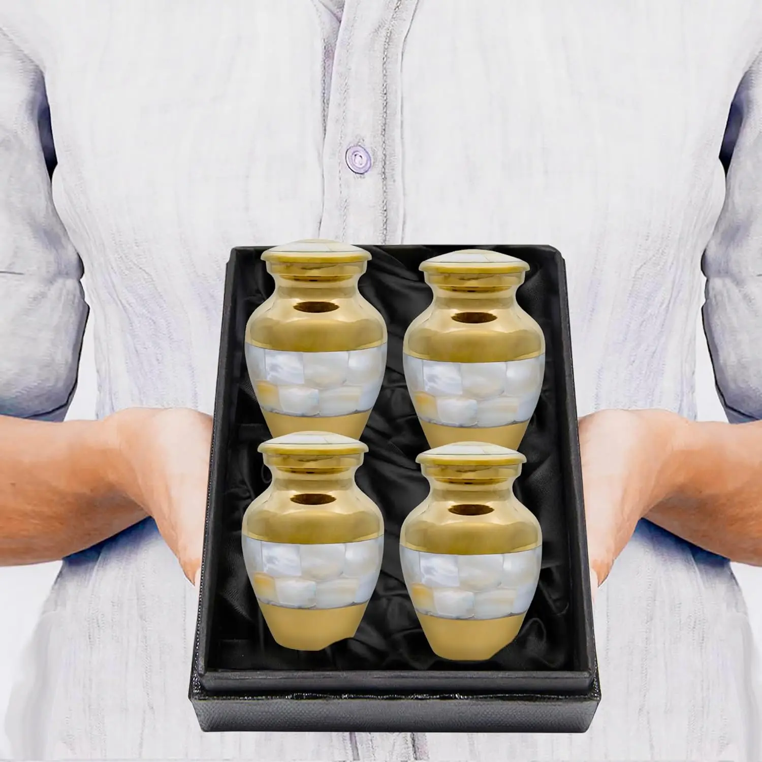Brass Keepsake Cremation Urn for Small Ashes,Mother of Pearl Set of 4 Token Urns Set with Black Box