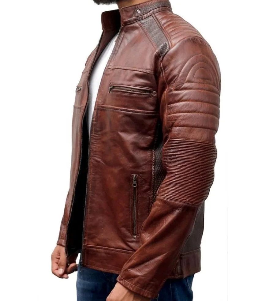 OEM Custom Stand collar distressed leather jacket/Waxed sheep leather vintage jacket/Fitted mens holes leather jacket brown