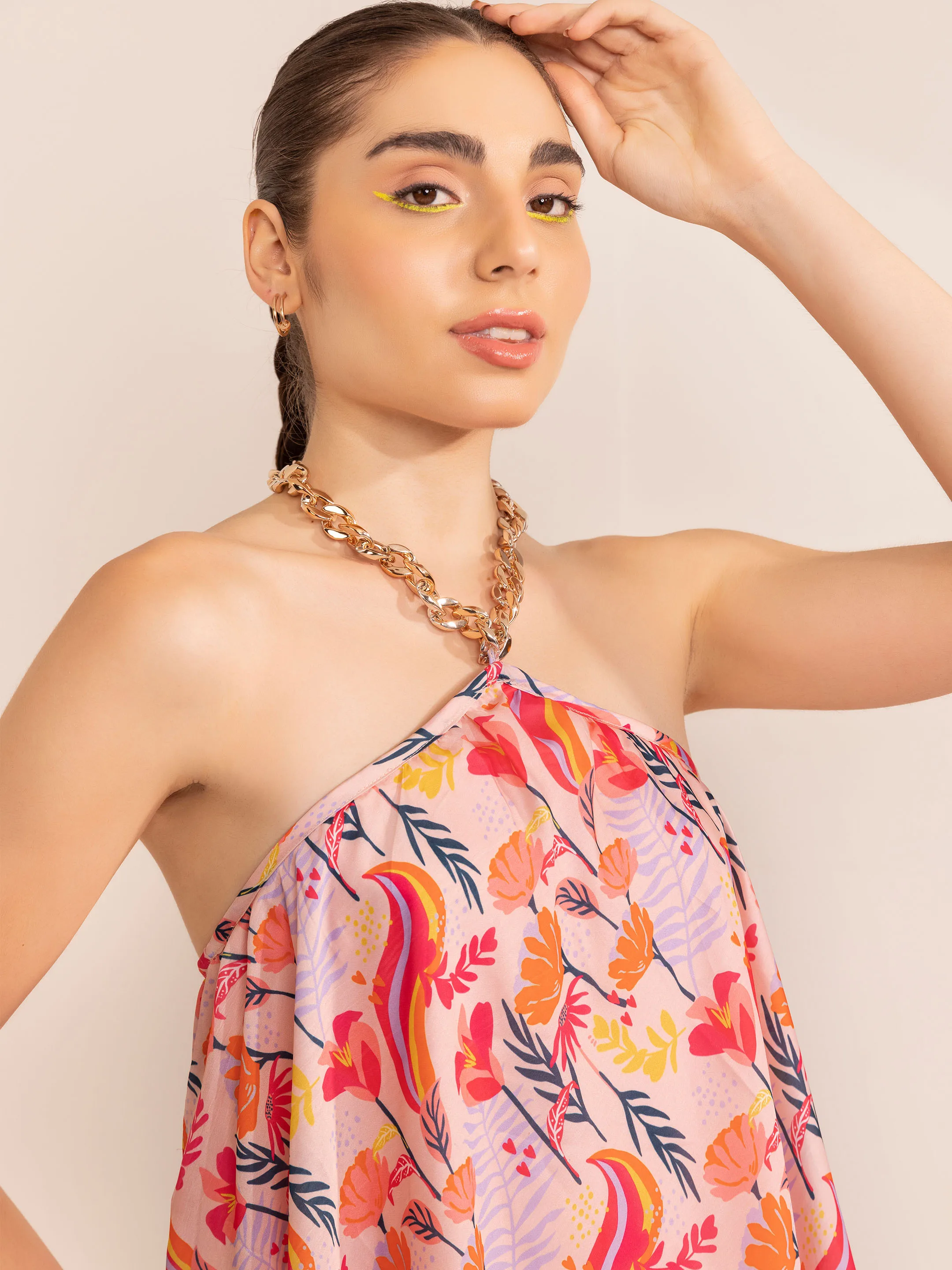 2024 latest trending design Printed Blushing pink halter chain neck short dress new arrival trending design dress for women