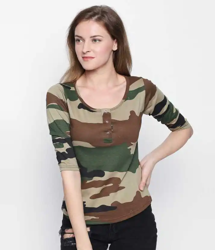 Fashion Shoulder Oversized Camouflage Ladies Long Sleeve Tee Shirts OEM Cotton Wear Working T Shirts for Womens