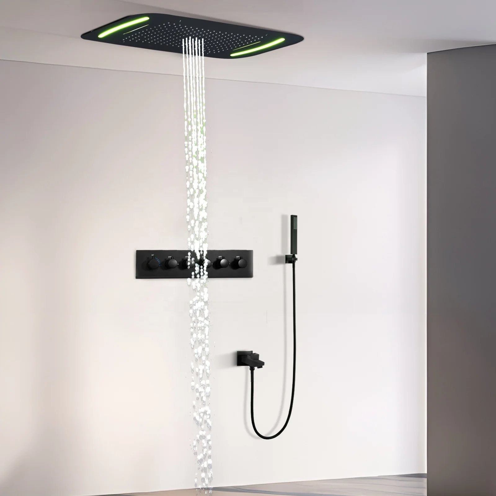 Matte Black 710*430 MM Ceiling Concealed Mounted Waterfall Rainfall Mist Water Column LED Shower Set Thermostatic Shower Faucets