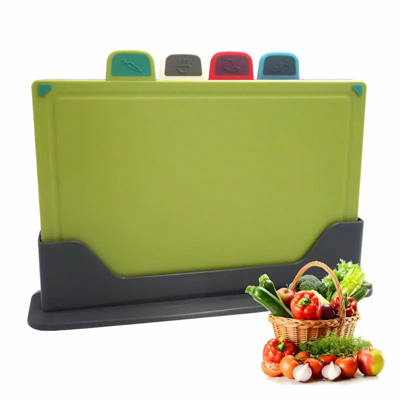 Hot Selling Kitchen Tool 4-Color Classification Chopping Board With Storage Stand Cutting Board Set for Fish Meat Vegetable