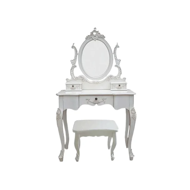 Hot Selling French Design Makeup Desk Vanity Dressing Table Mirror With Stool White Color For Bedroom Furniture