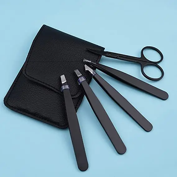 5-Piece Tweezers Set Stainless Steel Slant Tip and Pointed Eyebrow Tweezer Set Great Slant for Facial Hair Ingrown Hair