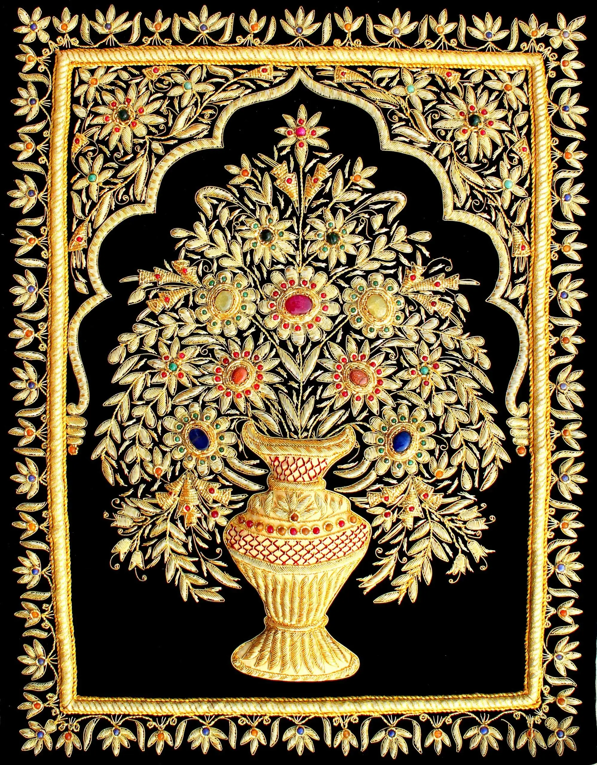 Golden thread zardozi floral tapestry with semi precious stones, zardozi jewel carpet, embroidered wall art