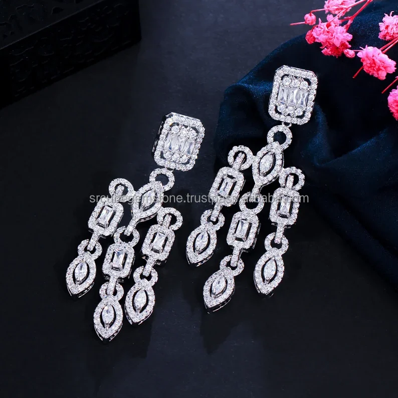 Luxury Moissanite  Long Tassel Geometric Drop Chandelier Earrings For Brides Wedding Anniversary Jewelry