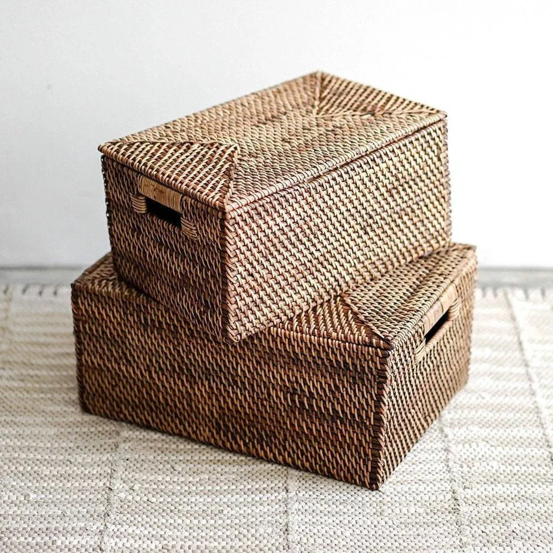 A pair of Dark Brown Woven Rattan Storage Box With Lid, Large Organizer Box, Wicker Rectangle Container
