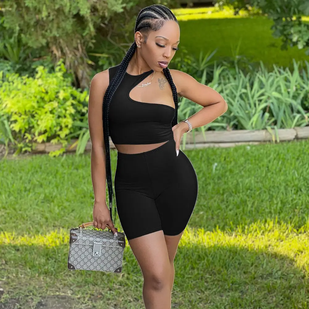 2024 STYLISH Summer Clothes Sexy Slim Fit Knit Hollow Out Sleeveless 2 Piece Set Female Women Outfits Two Piece Shorts Set For W