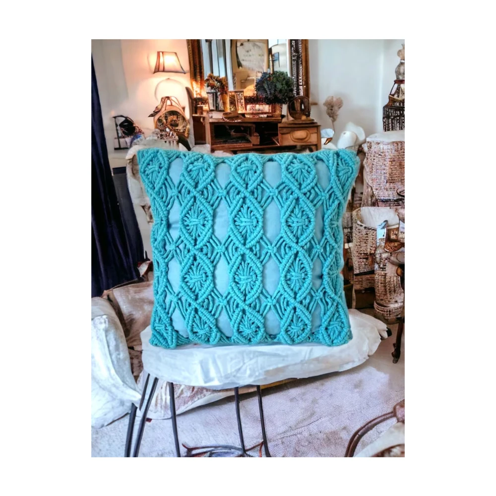Top Quality Handmade Turquoise Floral Hand Knotted Macrame Boho Cushion Cover At Low Price