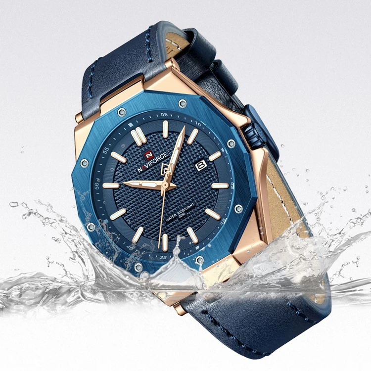 NAVIFORCE 9200L Top Brand Mens Dodecagon Luminous Sports Watch Vegan Leather Watch