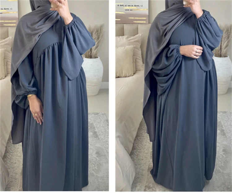 2023 Latest Design Dubai Abaya Solid Modest Dress Ramadan Eid Mubarak Kaftan Dubai Abaya Balloon Long Sleeve Maxi Dress