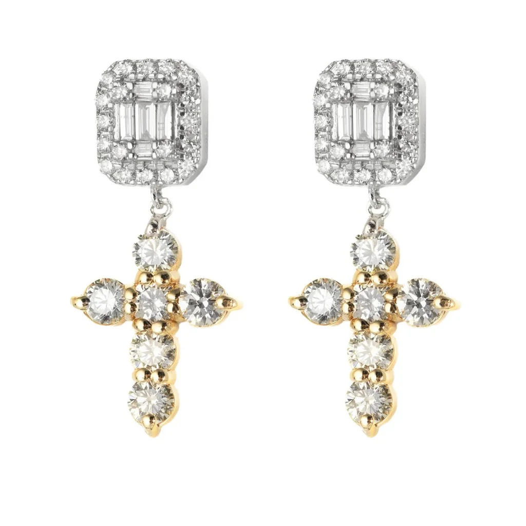 Natural Diamond Cross Earring 925 Sterling Silver Religious New Design Christian Cross Earrings Drop Dangle Earrings For Gift