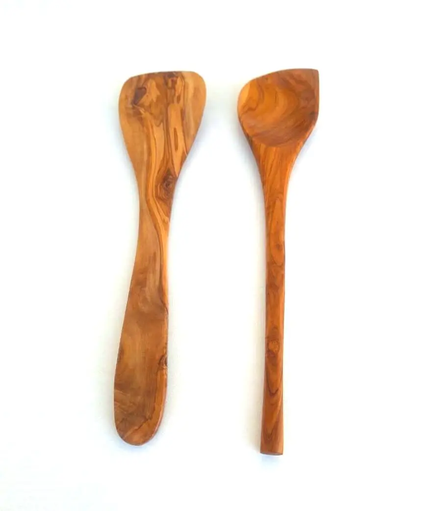 Olive Wood set of 2 spoons SPATULA and CORNER SPOON in one jute bag kitchen and home accessories 100% recyclable products