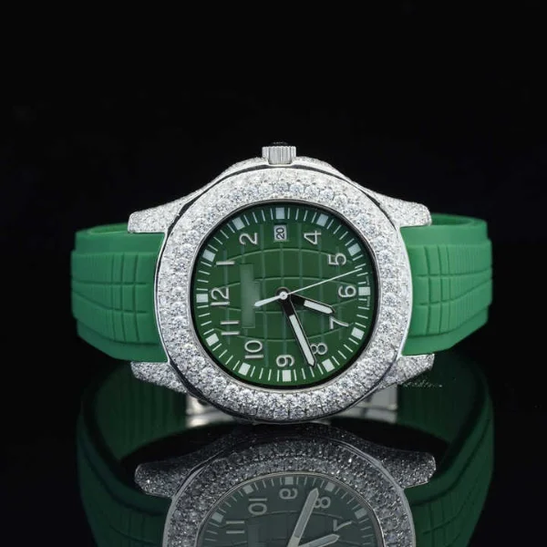 Luxuries Branded Bust Down Moissanite Watch Hip Hop Chronoghraph Watch For Men Green Color Rubber Belt Watch At Wholesales Price