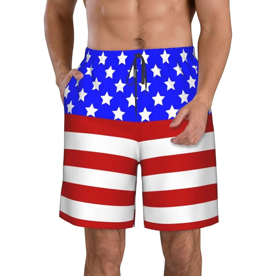 Quick Dry Fabric UV Protection American Flag Sublimation Custom Logo Swim Trunks Comfort Printed Beach Shorts