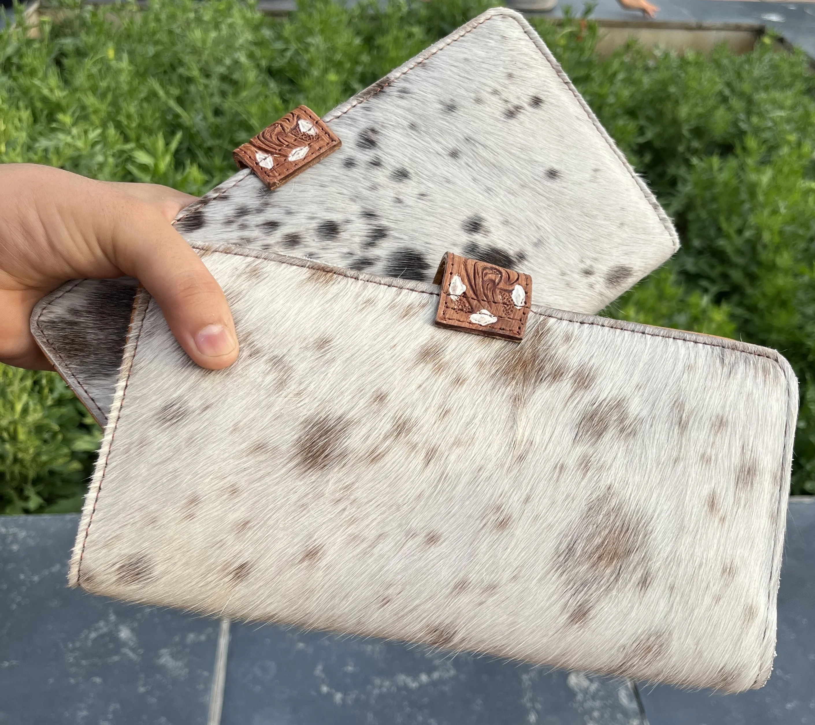 Tooled  Leather Bag Cowhide Fur Leather Hand Clutch Wallet Hair on  Leather Stylish women Hand clutch Western Design Handbag