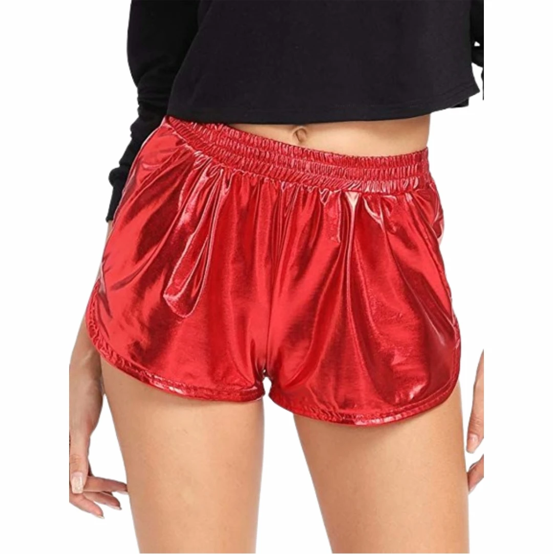 Women Skinny PU Leather Red Shorts Summer Shiny Elastic Waist Metallic Booty Club