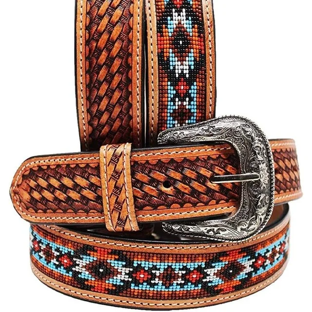Custom Length Western Antique Fashion Leather Belt Full-Grain Beaded Tooled Basket Weave Design High Genuine Leather Alloy