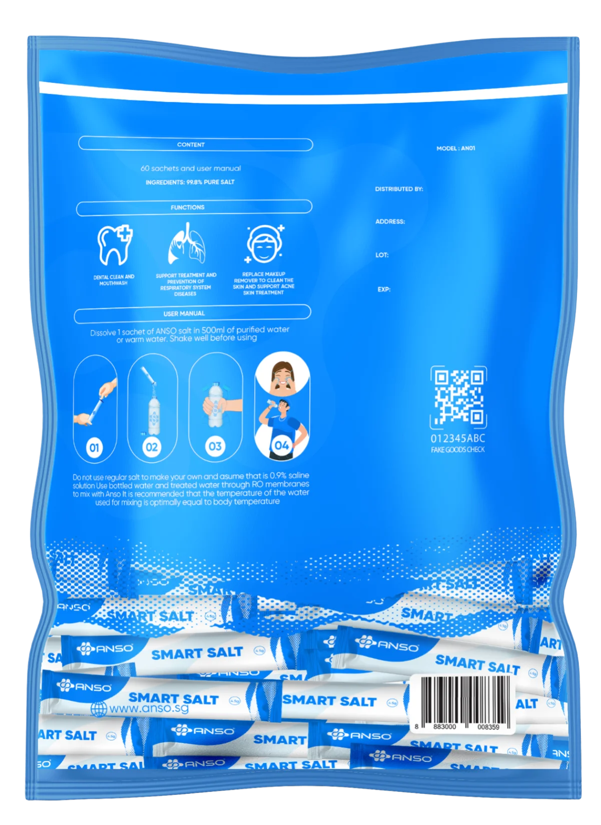 New Product Wholesale 4.5g 100 Natural Mouthwash Saline Packets Standard Version ANSO Salt Medical Salt Manufacturer