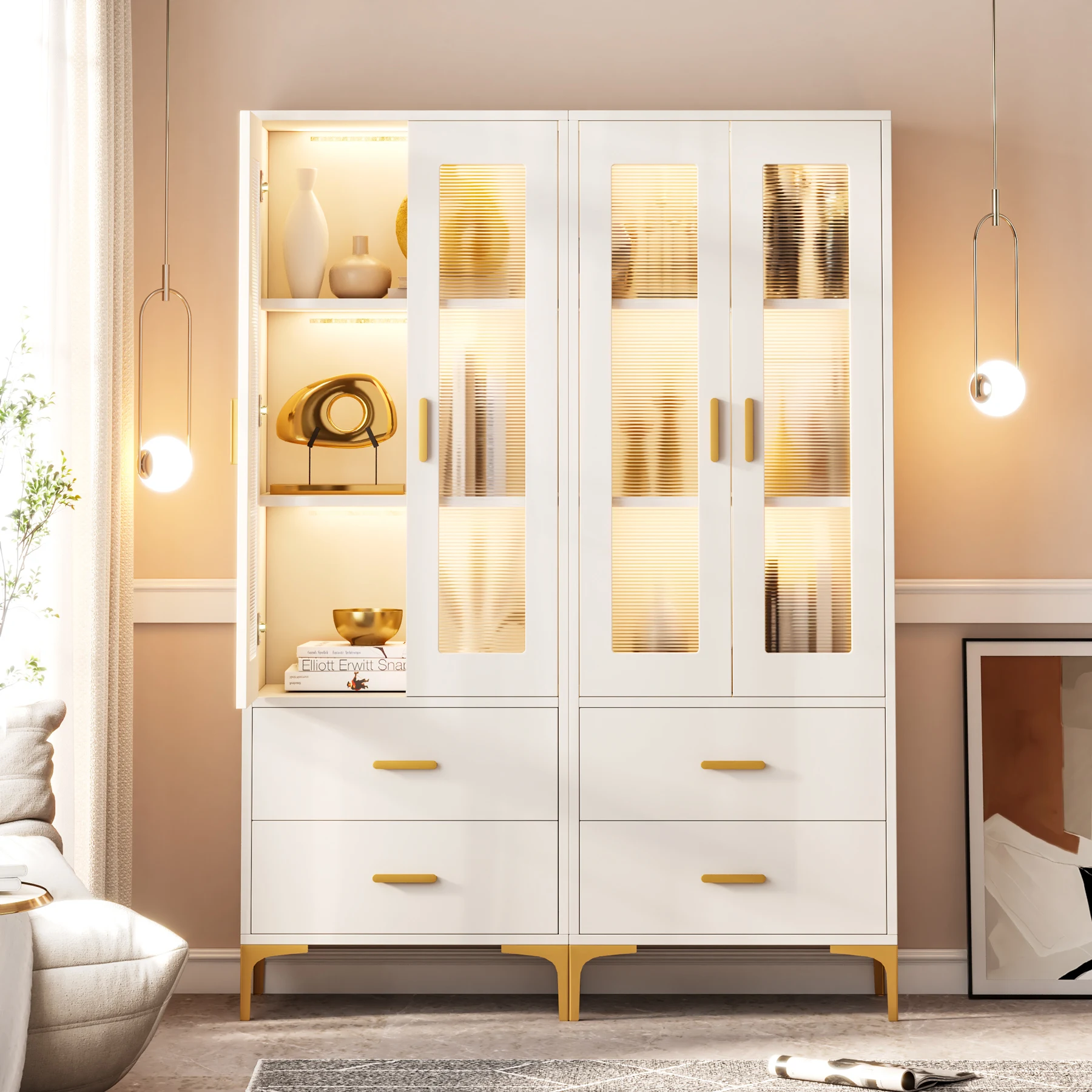Tribesigns White Bookcase with Doors and LED Light Freestanding Bookshelf with 2 Drawers Luxury Living Room Book Cabinet