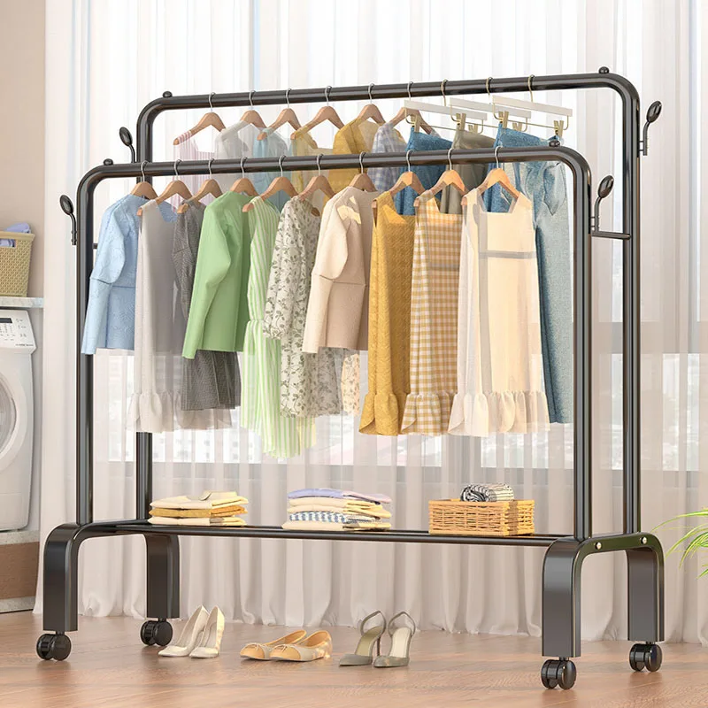 Movable Clothes Rack Wholesale Metal Garment Rack Rustproof Organizer Double Rod Clothes Hanging Rack