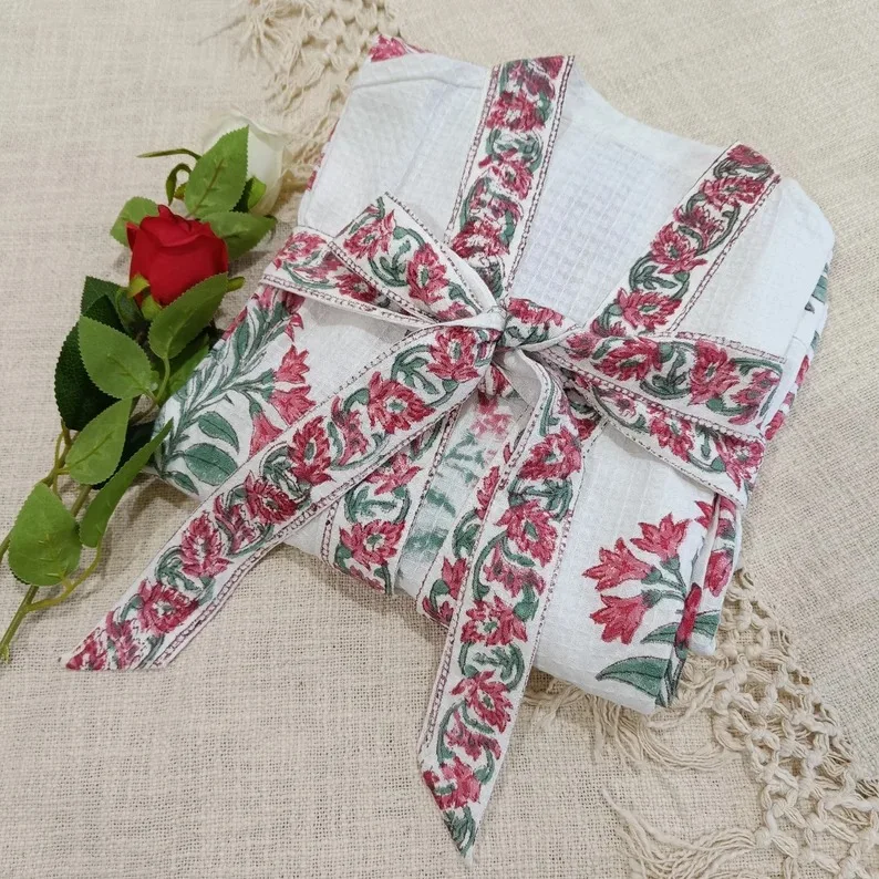 Cotton Waffle Spa Robe Classy Handmade Beach Cover up Super Absorbent Bathrobe Block Print Beautiful Bridesmaid Robes Robe